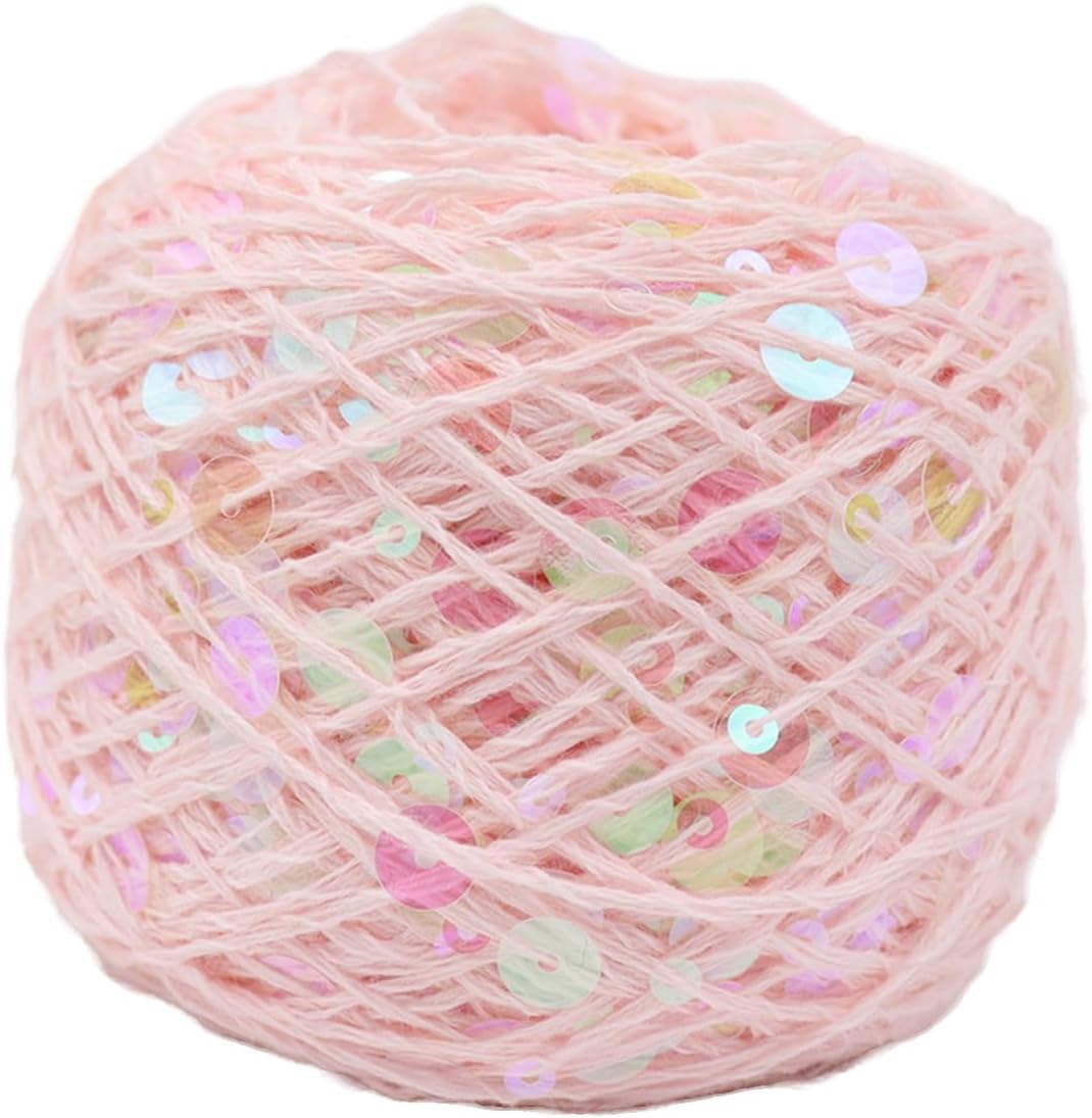 Shimmering Sequin Cotton Yarn 153yard Sparkling Thread Crochet Strings for Headband Beanie Knitting Sweater Weaving DIY Stitch Winter Accessories Rag Doll (Pink)