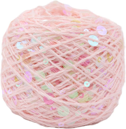 Shimmering Sequin Cotton Yarn 153yard Sparkling Thread Crochet Strings for Headband Beanie Knitting Sweater Weaving DIY Stitch Winter Accessories Rag Doll (Pink)
