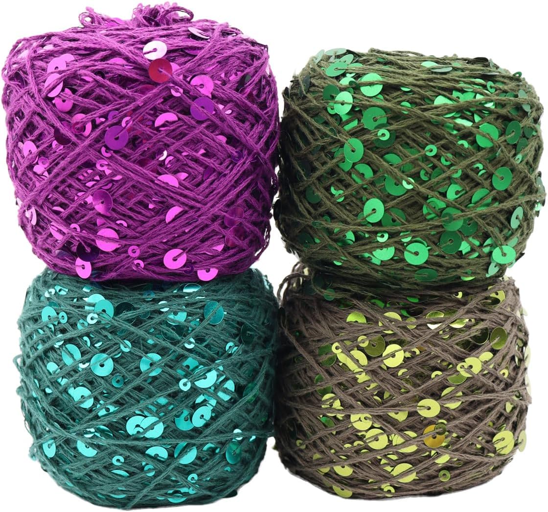 Shimmering Sequin Cotton Yarn 153yard Sparkling Thread Crochet Strings for Headband Beanie Knitting Sweater Weaving DIY Stitch Winter Accessories Rag Doll (Pink)