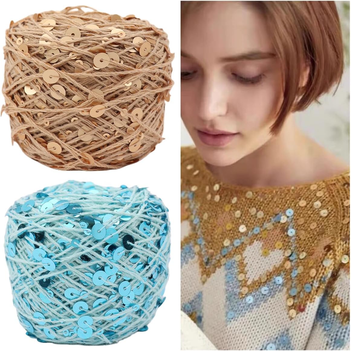 Shimmering Sequin Cotton Yarn 153yard Sparkling Thread Crochet Strings for Headband Beanie Knitting Sweater Weaving DIY Stitch Winter Accessories Rag Doll (Pink)