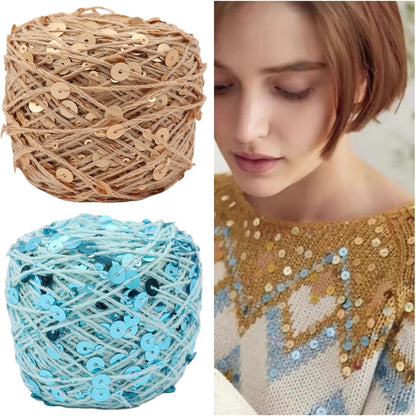 Shimmering Sequin Cotton Yarn 153yard Sparkling Thread Crochet Strings for Headband Beanie Knitting Sweater Weaving DIY Stitch Winter Accessories Rag Doll (Pink)
