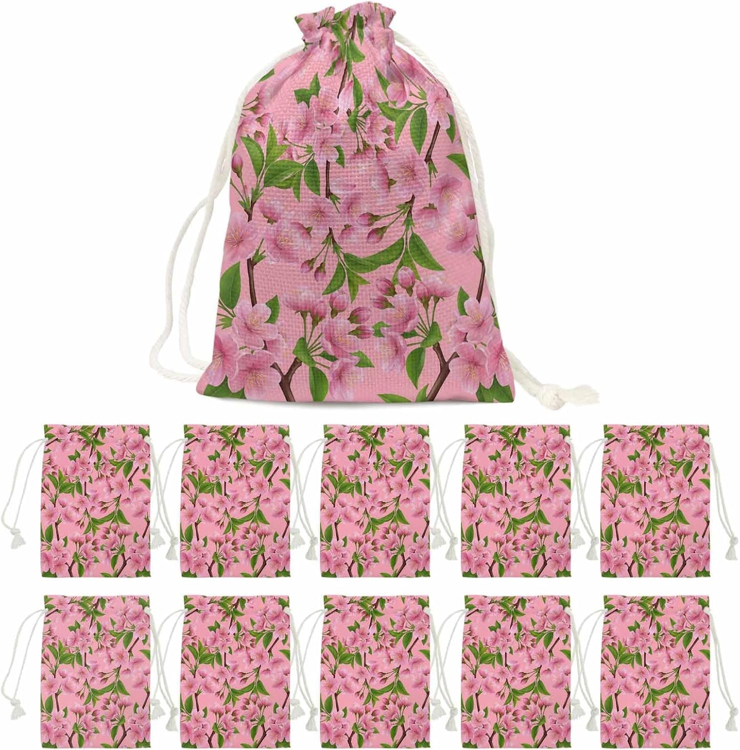 Victoroes Spring Peaches Drawstring Gift Bags 10 Pcs 5" x 7" Small Peaches Flowers Pink Gift Bag Reusable Fabric Wrap Bags for Wedding Party Birthday Holiday