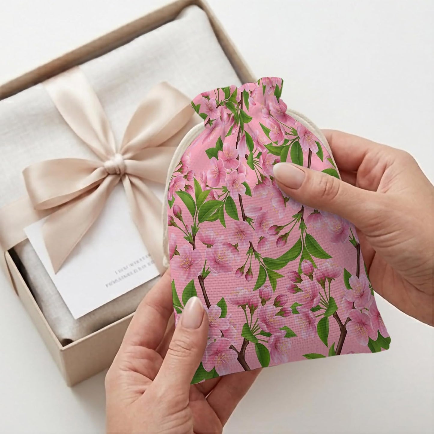 Victoroes Spring Peaches Drawstring Gift Bags 10 Pcs 5" x 7" Small Peaches Flowers Pink Gift Bag Reusable Fabric Wrap Bags for Wedding Party Birthday Holiday