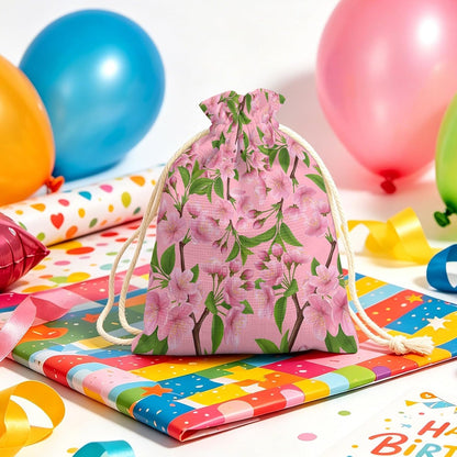 Victoroes Spring Peaches Drawstring Gift Bags 10 Pcs 5" x 7" Small Peaches Flowers Pink Gift Bag Reusable Fabric Wrap Bags for Wedding Party Birthday Holiday