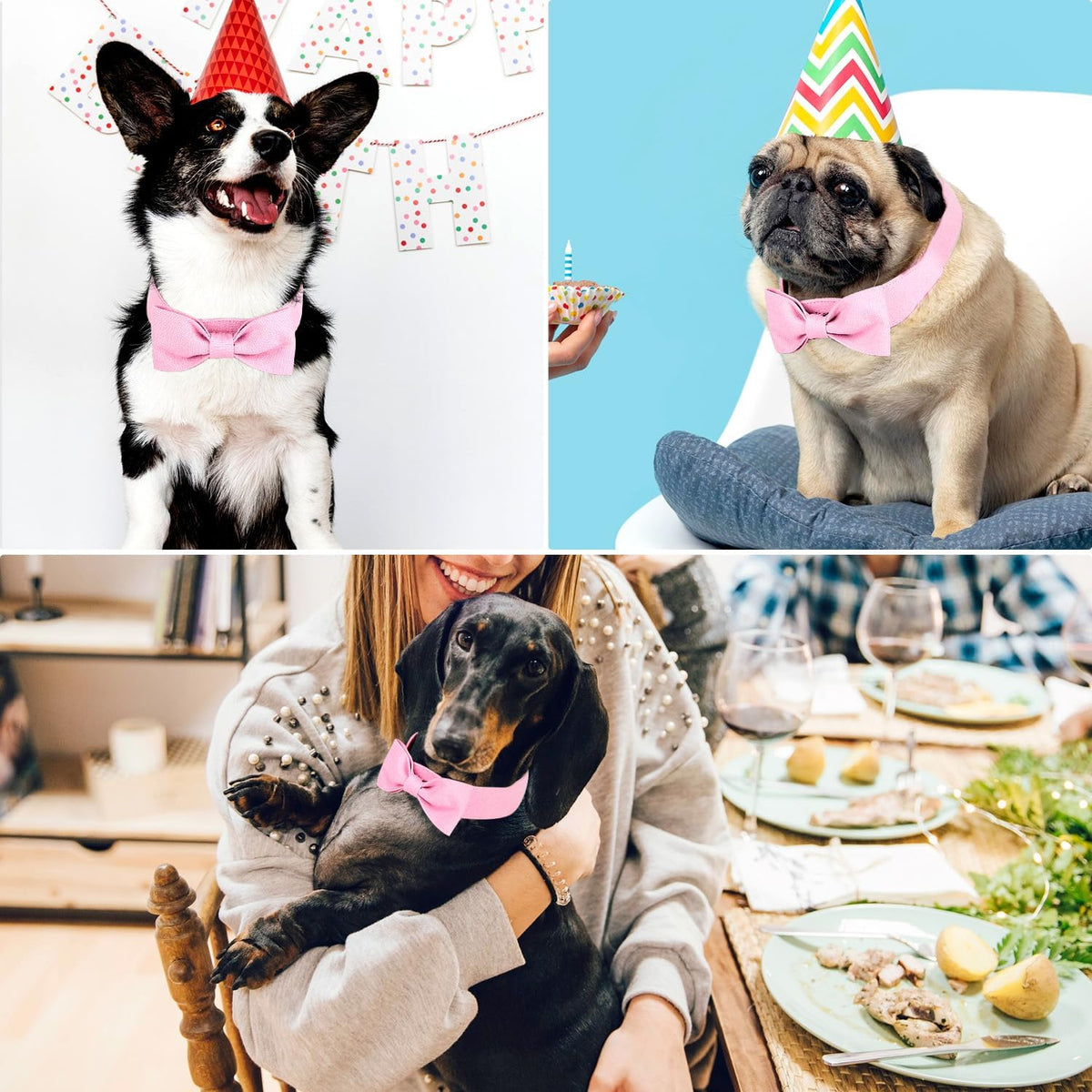 Dog Bow Tie Collar, Adjustable Pink Bowtie for Small Medium Dogs Neck Girth 10.2-14.2in, Cat Tie Tuxedo Comfortable Cotton Girl Pet Grooming Accessory for Formal Wedding Holiday Birthday Party