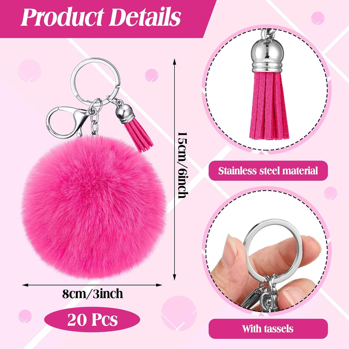 20 Pcs Cheer Faux Pom Pom Keychains Cheerleader Keyring Charm Pink