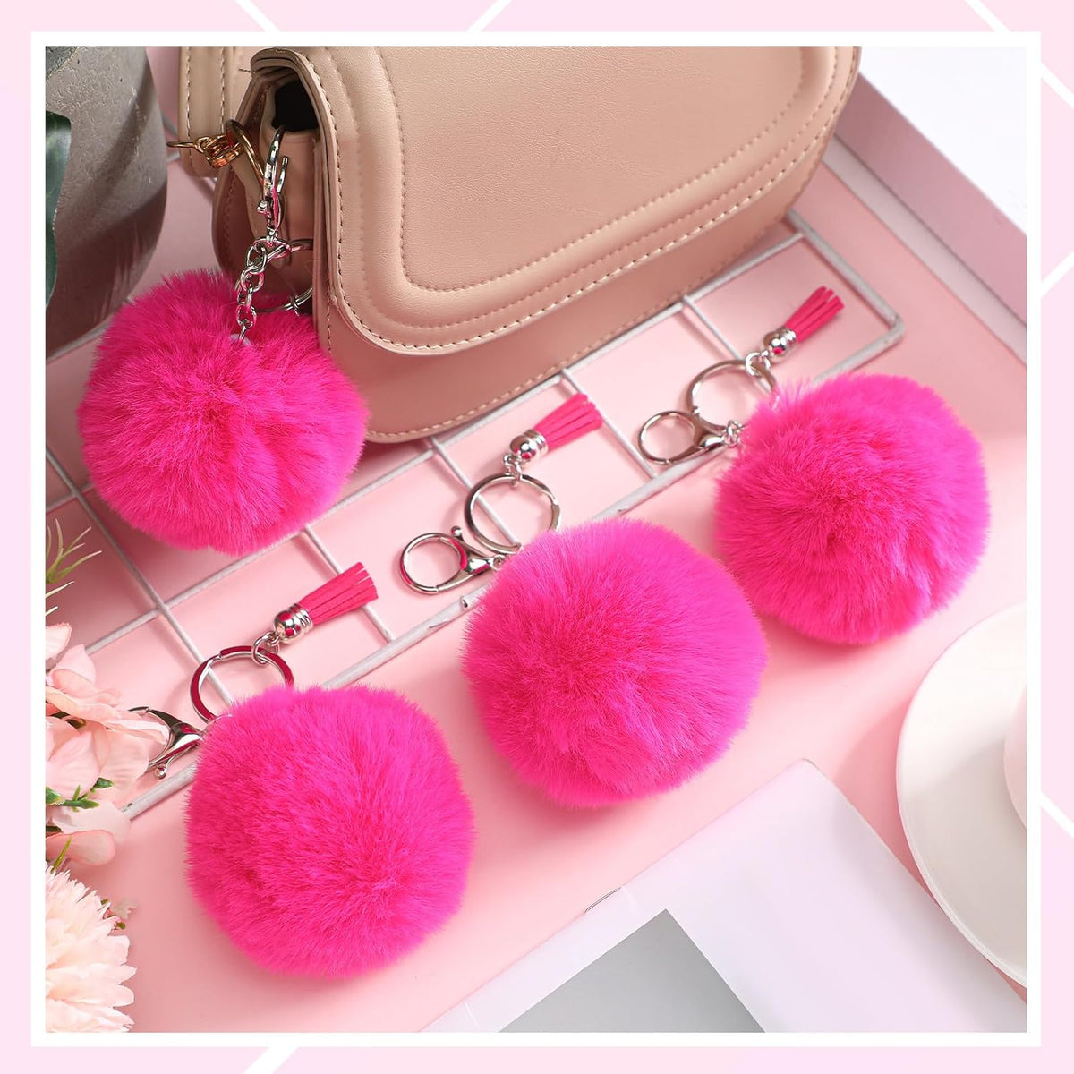20 Pcs Cheer Faux Pom Pom Keychains Cheerleader Keyring Charm Pink