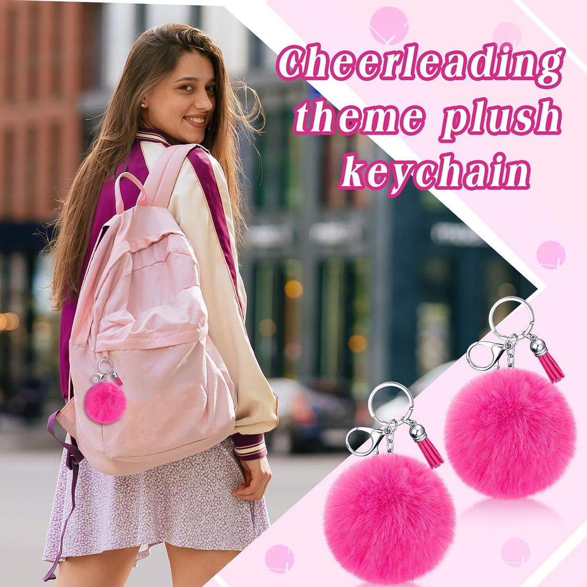 20 Pcs Cheer Faux Pom Pom Keychains Cheerleader Keyring Charm Pink