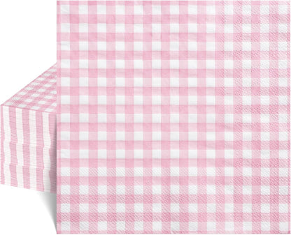 NatNarr 80 Pcs Pink Gingham Napkins, 6.5X6.5 Inch Pink and White Checkered Napkins Plaid Cocktail Napkin for Baby & Bridal Shower, Picnic, Mothers Day