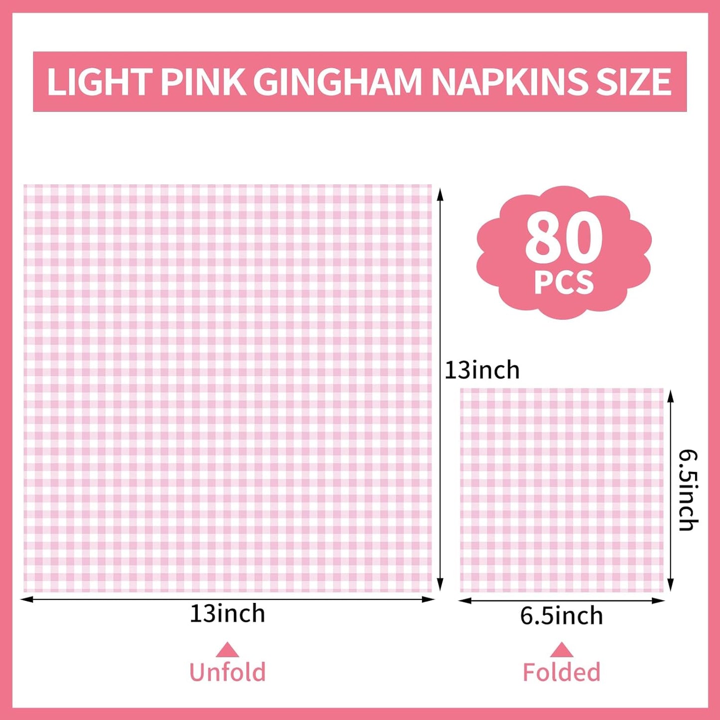 NatNarr 80 Pcs Pink Gingham Napkins, 6.5X6.5 Inch Pink and White Checkered Napkins Plaid Cocktail Napkin for Baby & Bridal Shower, Picnic, Mothers Day