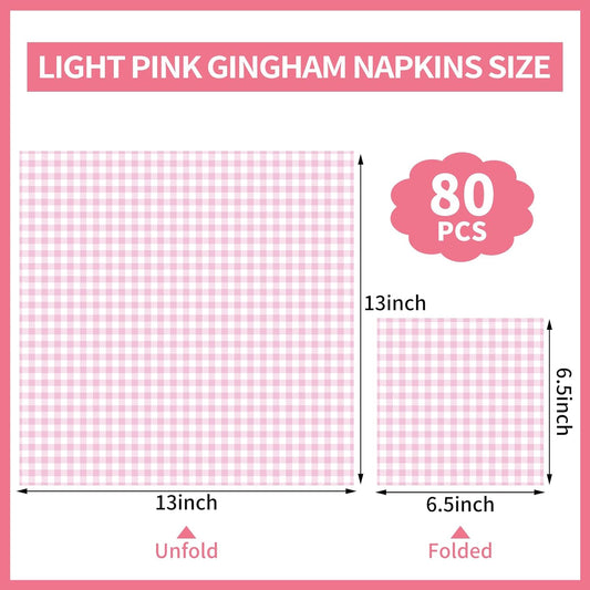 NatNarr 80 Pcs Pink Gingham Napkins, 6.5X6.5 Inch Pink and White Checkered Napkins Plaid Cocktail Napkin for Baby & Bridal Shower, Picnic, Mothers Day