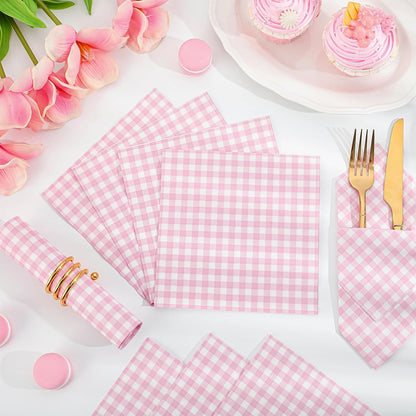 NatNarr 80 Pcs Pink Gingham Napkins, 6.5X6.5 Inch Pink and White Checkered Napkins Plaid Cocktail Napkin for Baby & Bridal Shower, Picnic, Mothers Day