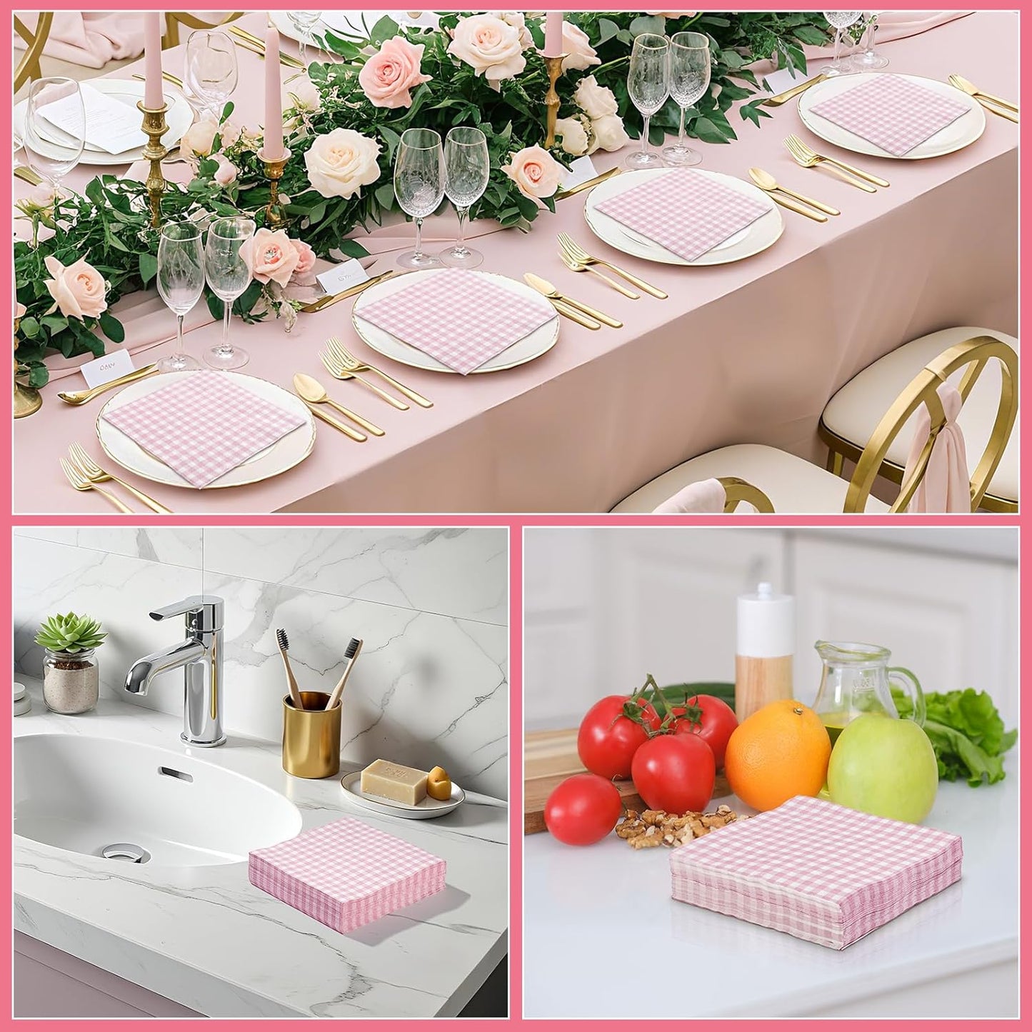 NatNarr 80 Pcs Pink Gingham Napkins, 6.5X6.5 Inch Pink and White Checkered Napkins Plaid Cocktail Napkin for Baby & Bridal Shower, Picnic, Mothers Day