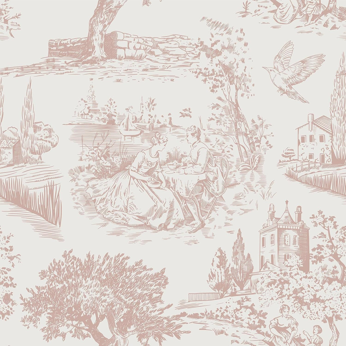 Vintage Pink Toile Wallpaper Peel and Stick Tree Bird French Country Wallpaper for Girls Bedroom Bathroom Removable de Jouy Beige Toile Contact Paper for Walls Cabinets Waterproof 17.5"x118"