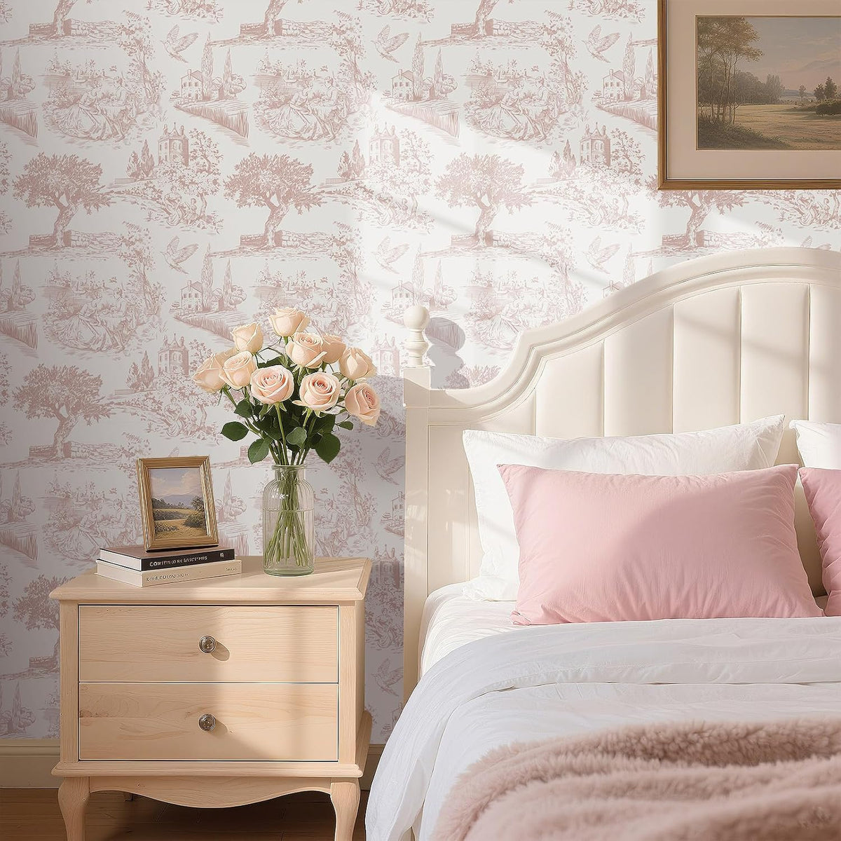 Vintage Pink Toile Wallpaper Peel and Stick Tree Bird French Country Wallpaper for Girls Bedroom Bathroom Removable de Jouy Beige Toile Contact Paper for Walls Cabinets Waterproof 17.5"x118"