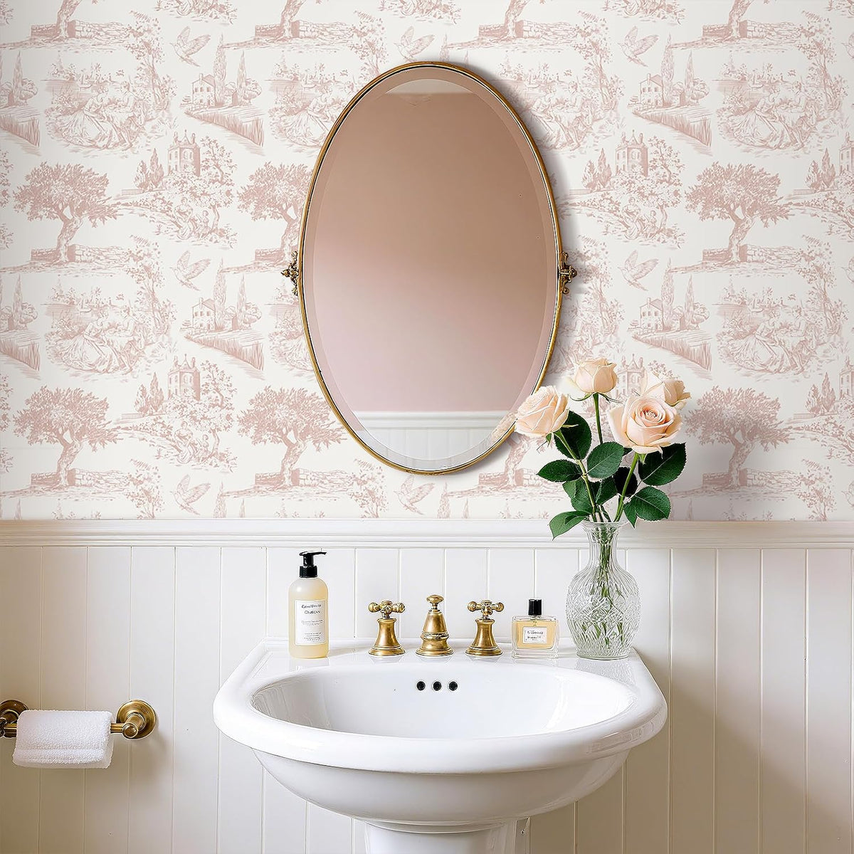 Vintage Pink Toile Wallpaper Peel and Stick Tree Bird French Country Wallpaper for Girls Bedroom Bathroom Removable de Jouy Beige Toile Contact Paper for Walls Cabinets Waterproof 17.5"x118"