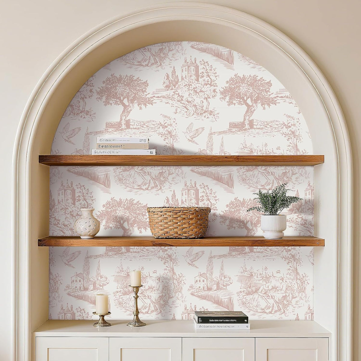 Vintage Pink Toile Wallpaper Peel and Stick Tree Bird French Country Wallpaper for Girls Bedroom Bathroom Removable de Jouy Beige Toile Contact Paper for Walls Cabinets Waterproof 17.5"x118"