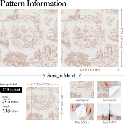 Vintage Pink Toile Wallpaper Peel and Stick Tree Bird French Country Wallpaper for Girls Bedroom Bathroom Removable de Jouy Beige Toile Contact Paper for Walls Cabinets Waterproof 17.5"x118"