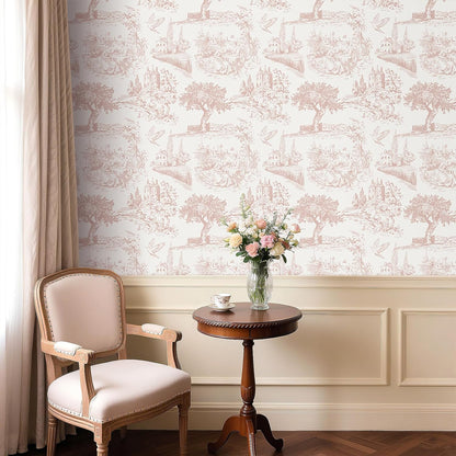 Vintage Pink Toile Wallpaper Peel and Stick Tree Bird French Country Wallpaper for Girls Bedroom Bathroom Removable de Jouy Beige Toile Contact Paper for Walls Cabinets Waterproof 17.5"x118"