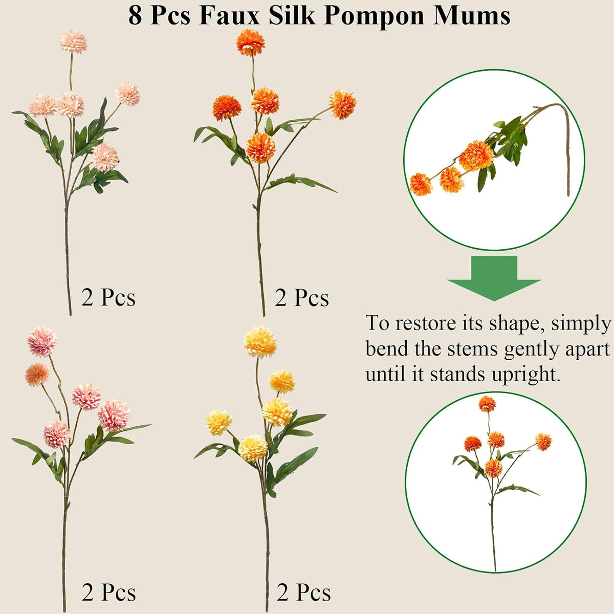 8Pcs Artificial Chrysanthemum Flowers Pink Orange Yellow Fall Decor
