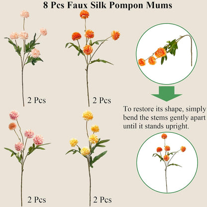 8Pcs Artificial Chrysanthemum Flowers Pink Orange Yellow Fall Decor