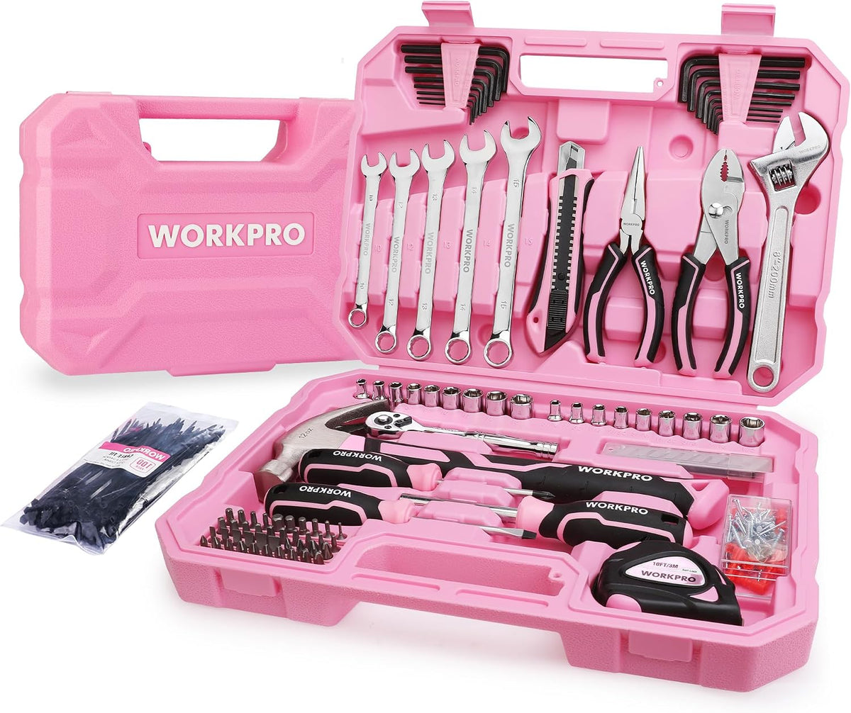 284PCS Pink Tool Set, Portable Home Basic Tool Kit Box for Women