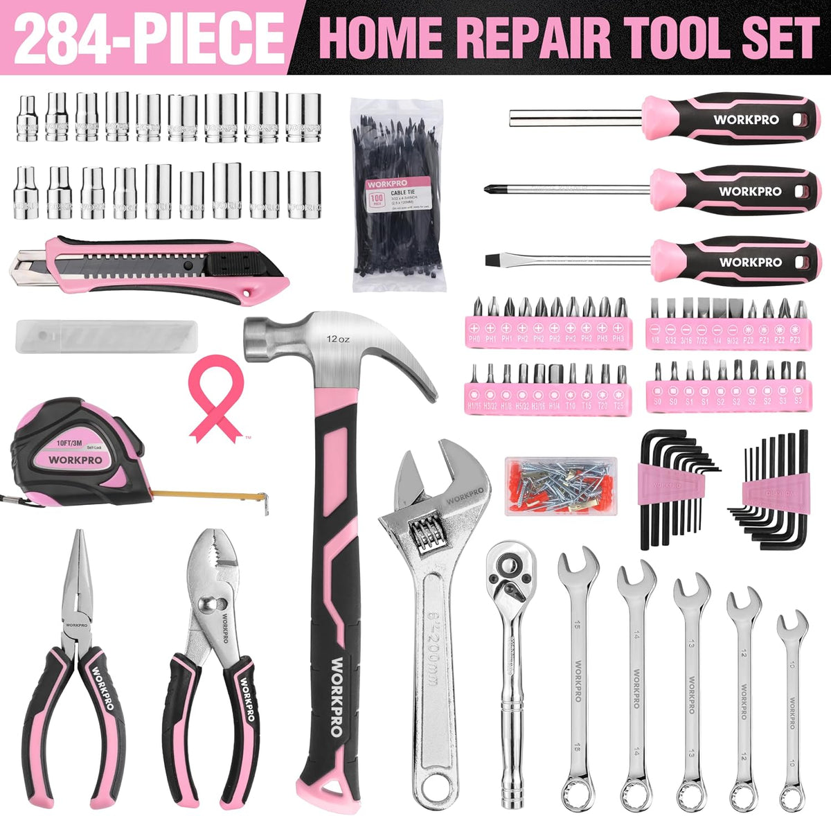 284PCS Pink Tool Set, Portable Home Basic Tool Kit Box for Women