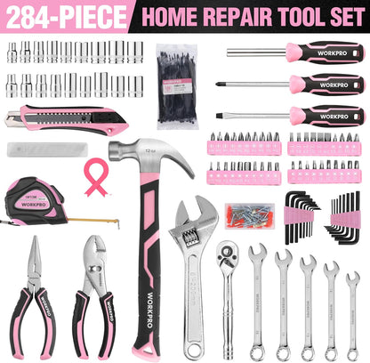 284PCS Pink Tool Set, Portable Home Basic Tool Kit Box for Women