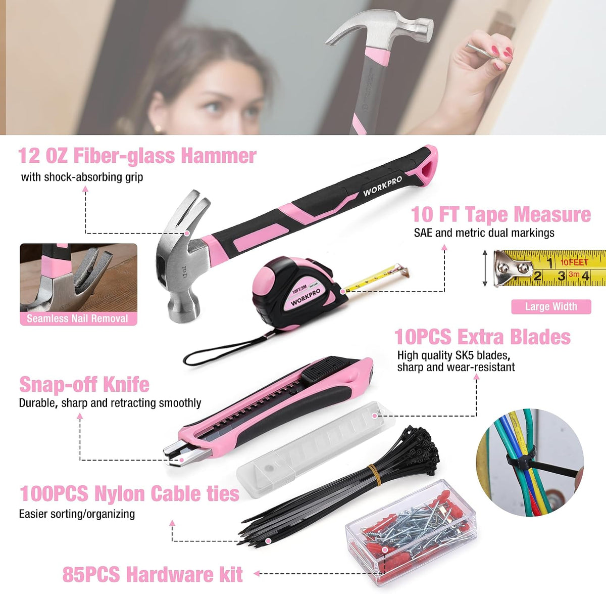 284PCS Pink Tool Set, Portable Home Basic Tool Kit Box for Women