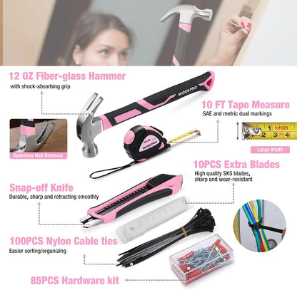 284PCS Pink Tool Set, Portable Home Basic Tool Kit Box for Women