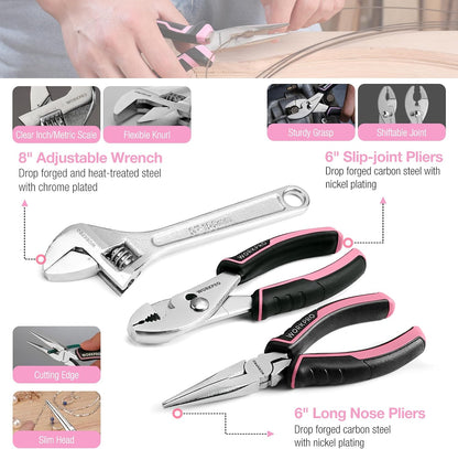 284PCS Pink Tool Set, Portable Home Basic Tool Kit Box for Women