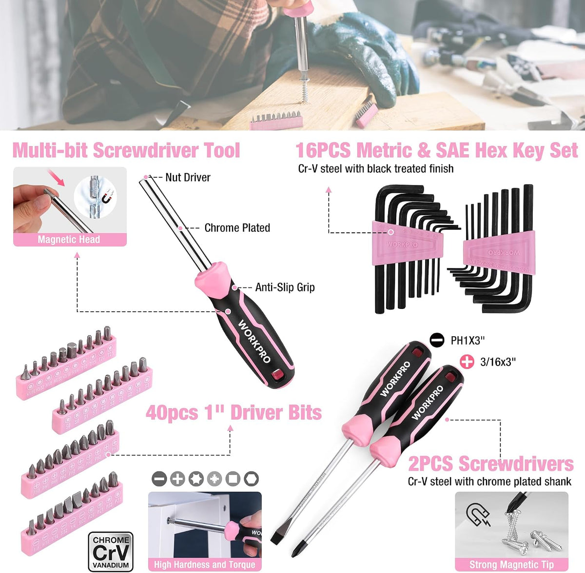 284PCS Pink Tool Set, Portable Home Basic Tool Kit Box for Women