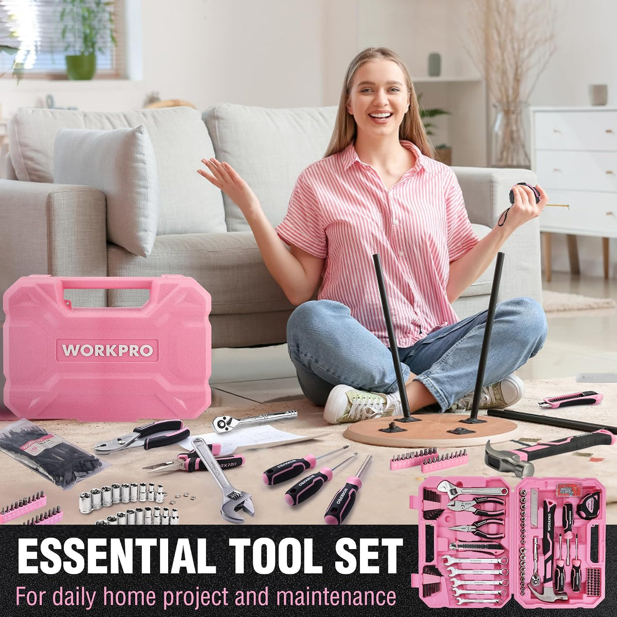 284PCS Pink Tool Set, Portable Home Basic Tool Kit Box for Women
