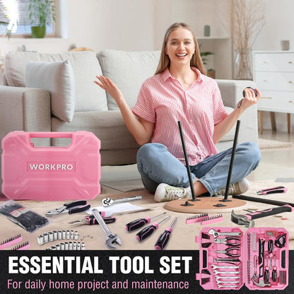 284PCS Pink Tool Set, Portable Home Basic Tool Kit Box for Women