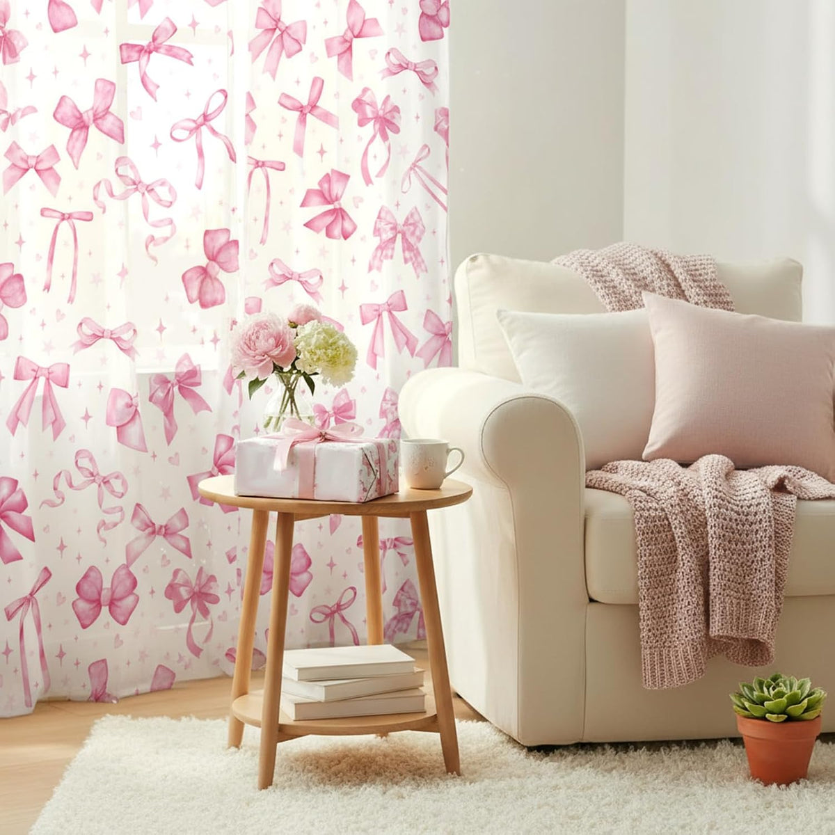 2 Pcs Pink Bow Curtains for Living Room Bow Bedroom Curtains