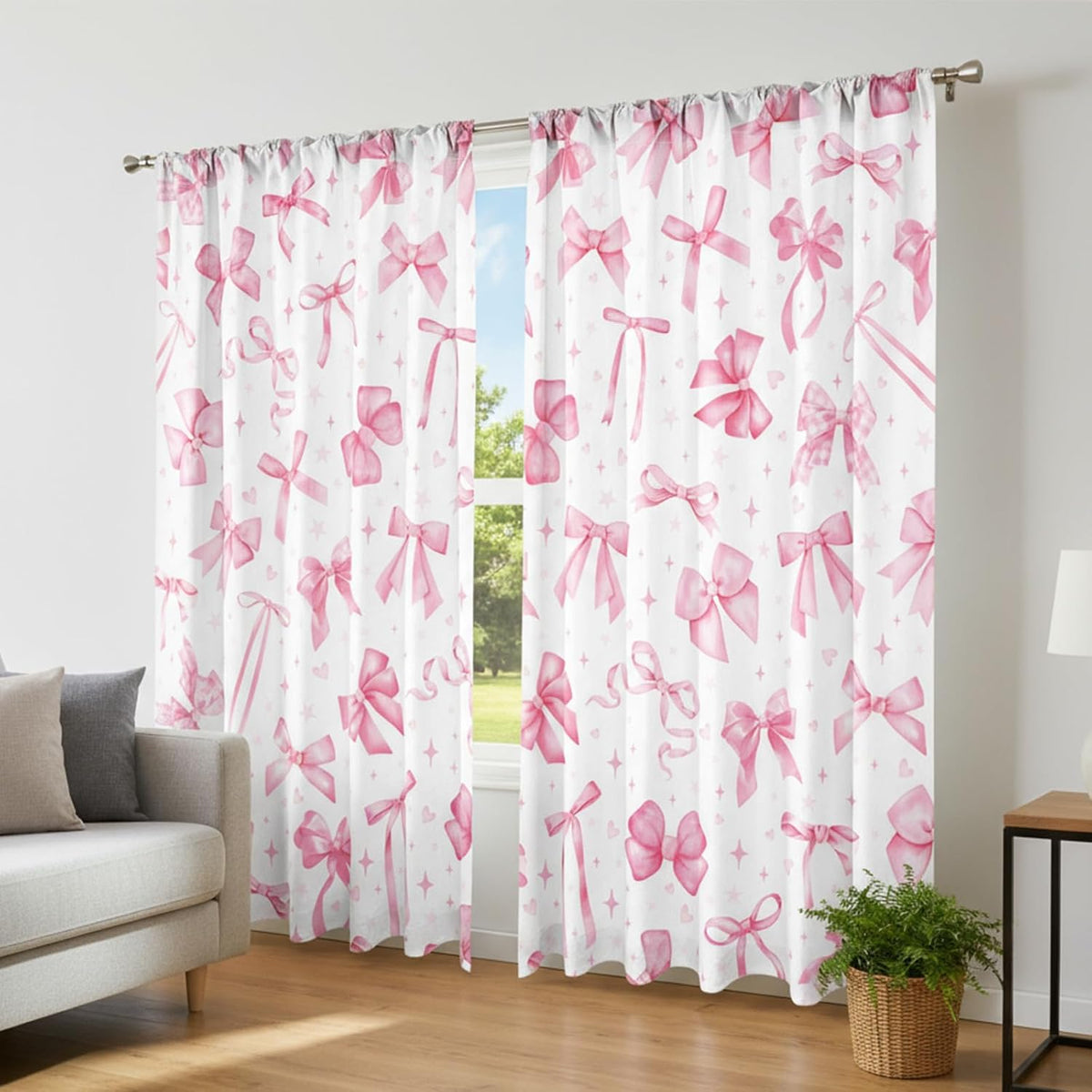2 Pcs Pink Bow Curtains for Living Room Bow Bedroom Curtains