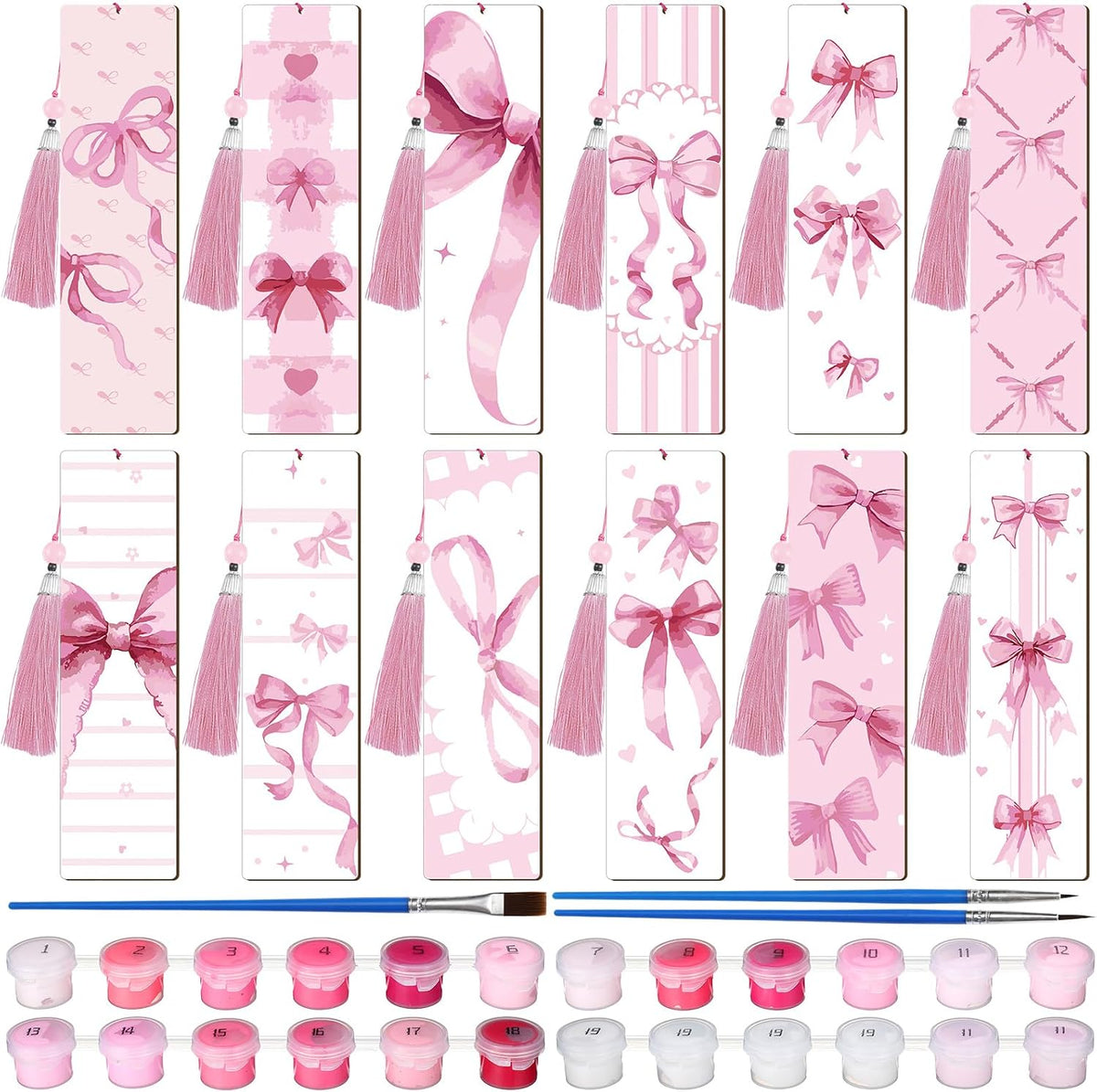12 Pcs Pink Bow Paint by Number Kit for Adult Wood Bookmark