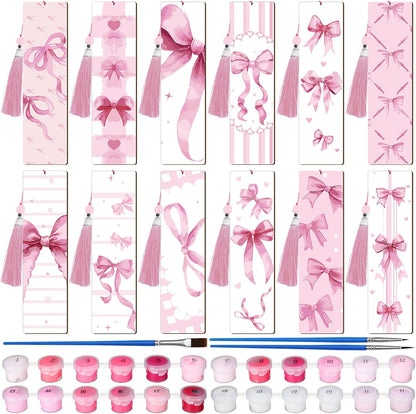12 Pcs Pink Bow Paint by Number Kit for Adult Wood Bookmark