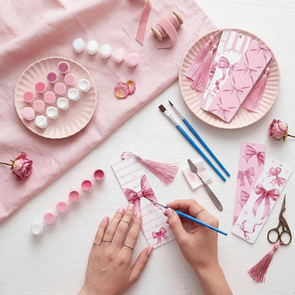 12 Pcs Pink Bow Paint by Number Kit for Adult Wood Bookmark