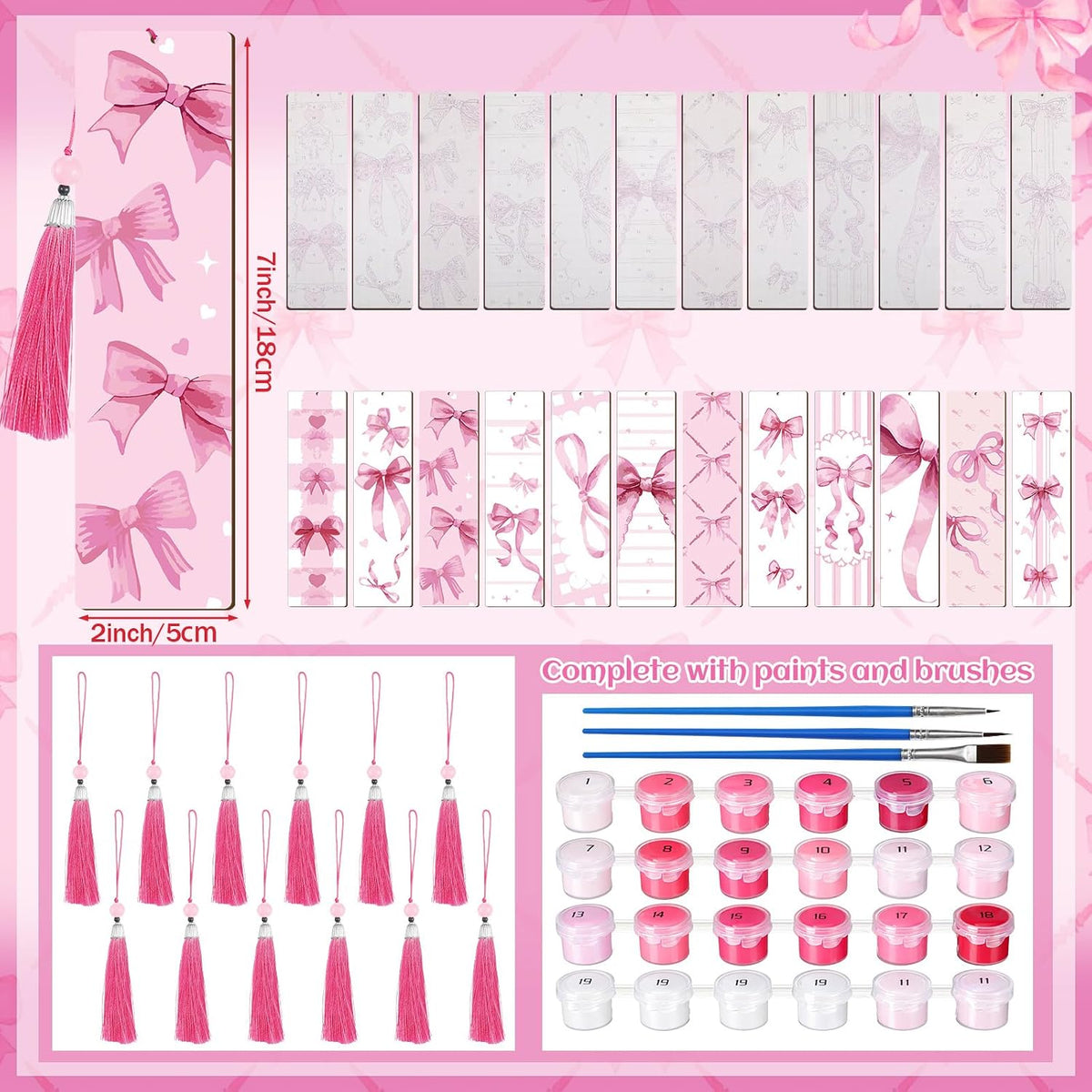 12 Pcs Pink Bow Paint by Number Kit for Adult Wood Bookmark