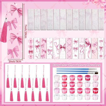 12 Pcs Pink Bow Paint by Number Kit for Adult Wood Bookmark