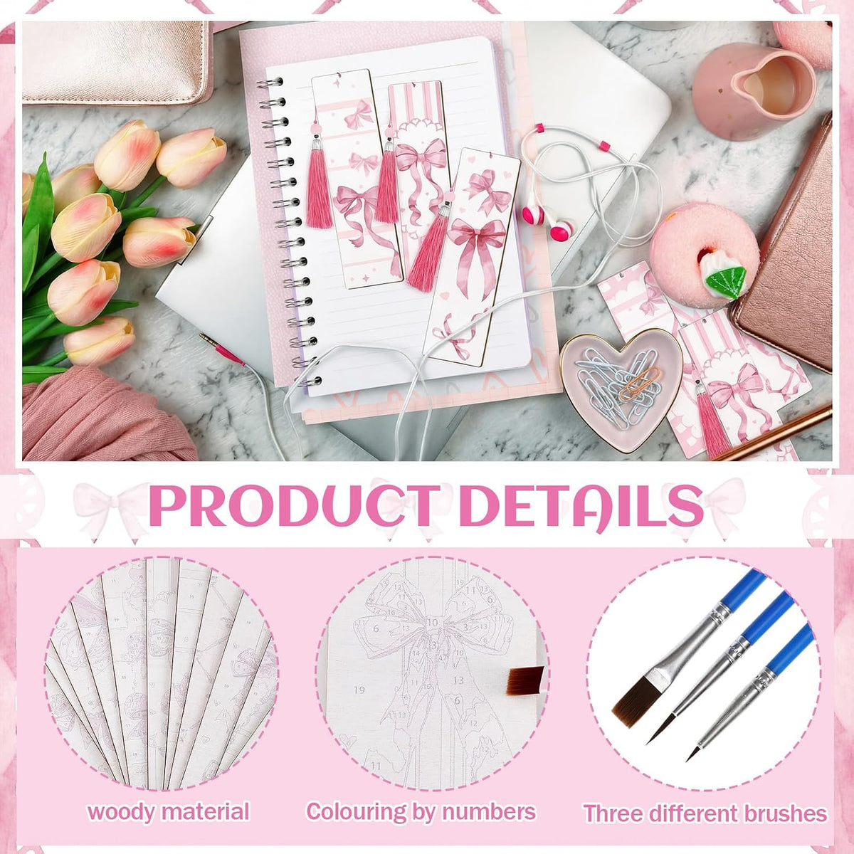 12 Pcs Pink Bow Paint by Number Kit for Adult Wood Bookmark