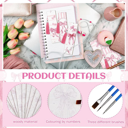 12 Pcs Pink Bow Paint by Number Kit for Adult Wood Bookmark