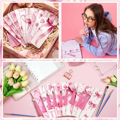 12 Pcs Pink Bow Paint by Number Kit for Adult Wood Bookmark