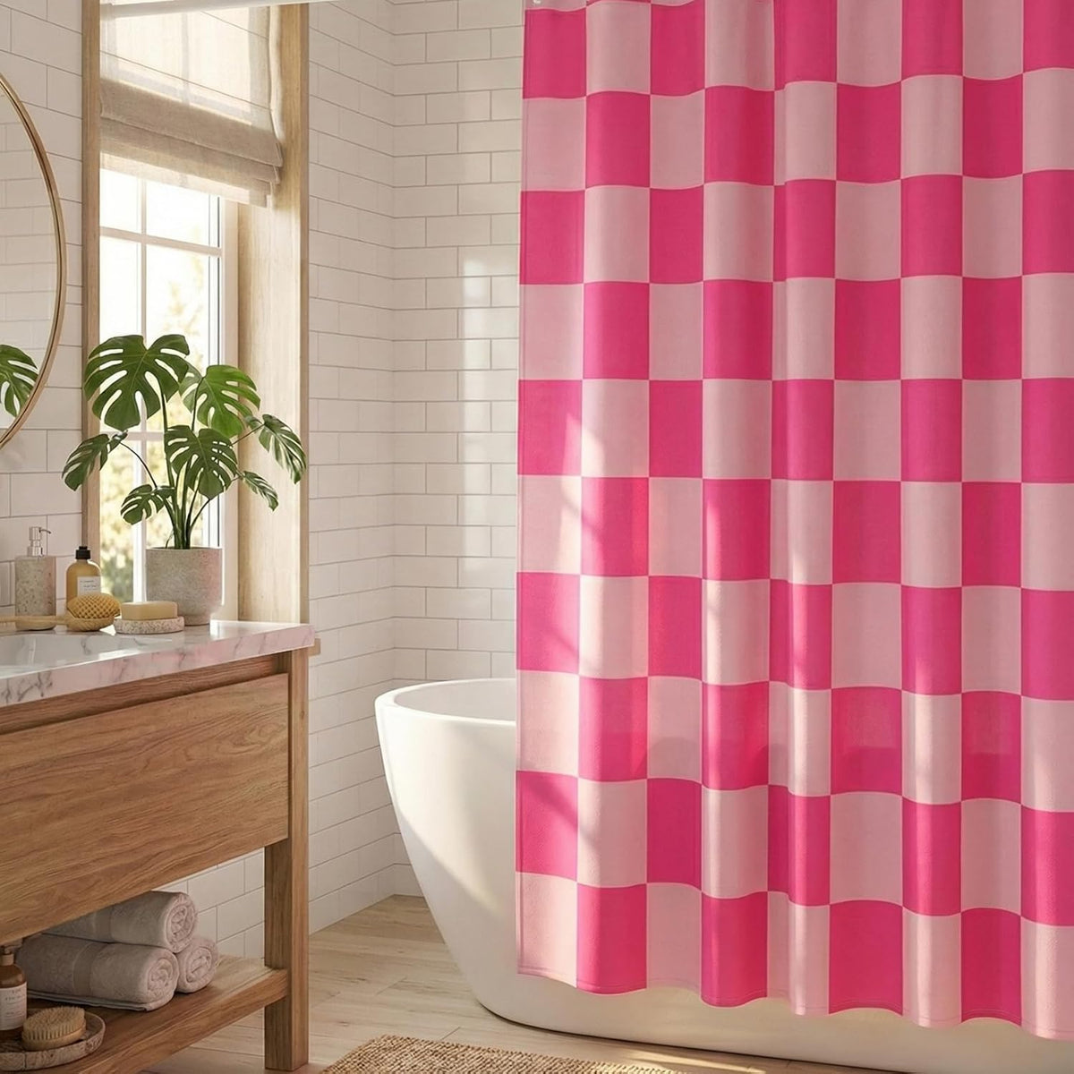 Checkered Shower Curtain, Classic Minimalist Pink Checkerboard Desgin, Waterproof Polyester Fabric Shower Curtains Sets with Hooks for Bathroom 72x72 Inches
