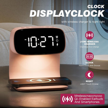 Digital Alarm Clock with Wireless Fast Charging Station 15W Touch Smart Lamp for Bedside,3 Colors Nightlight Adjustment Night Lamp for Living Room,Bedside,Heavy Sleepers