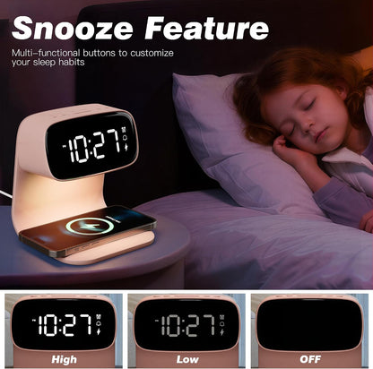 Digital Alarm Clock with Wireless Fast Charging Station 15W Touch Smart Lamp for Bedside,3 Colors Nightlight Adjustment Night Lamp for Living Room,Bedside,Heavy Sleepers