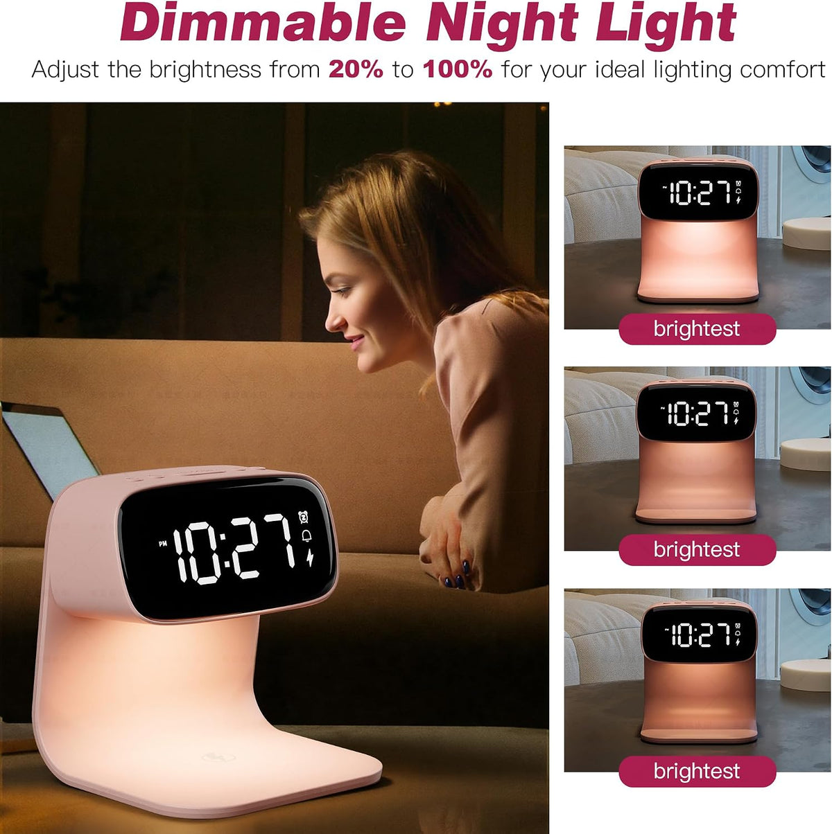 Digital Alarm Clock with Wireless Fast Charging Station 15W Touch Smart Lamp for Bedside,3 Colors Nightlight Adjustment Night Lamp for Living Room,Bedside,Heavy Sleepers
