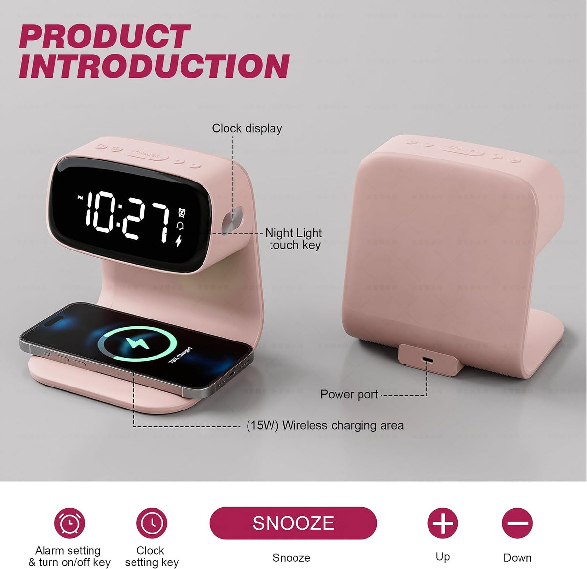 Digital Alarm Clock with Wireless Fast Charging Station 15W Touch Smart Lamp for Bedside,3 Colors Nightlight Adjustment Night Lamp for Living Room,Bedside,Heavy Sleepers