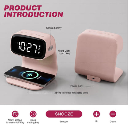 Digital Alarm Clock with Wireless Fast Charging Station 15W Touch Smart Lamp for Bedside,3 Colors Nightlight Adjustment Night Lamp for Living Room,Bedside,Heavy Sleepers